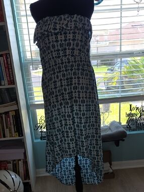 Strapless Blue Patterned Midi Dress